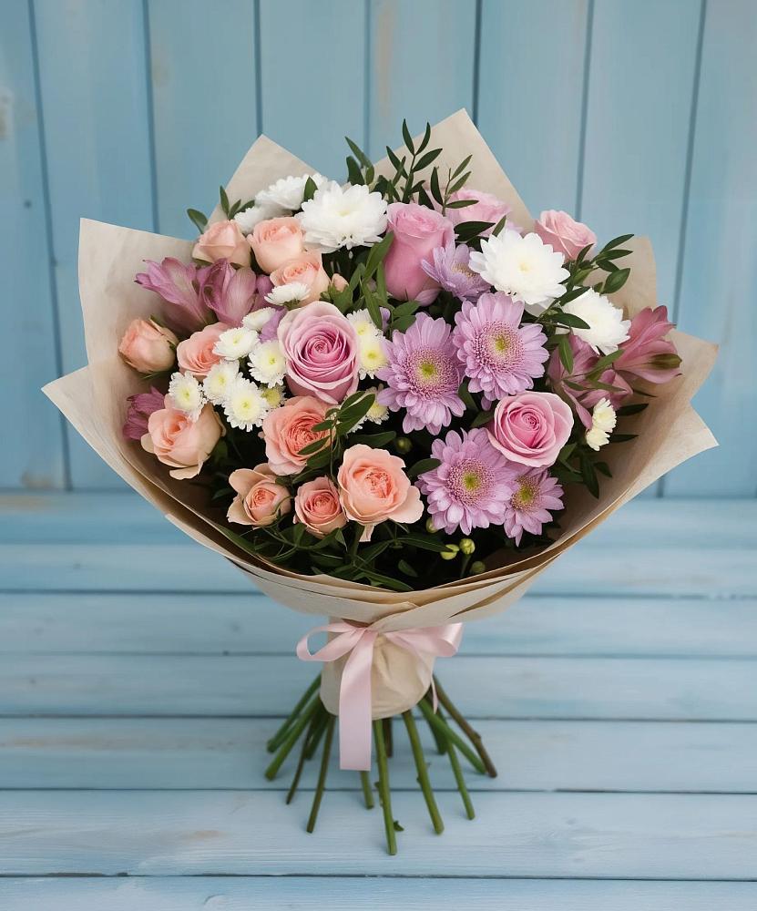 Букет цветов из: Хризантемы, Розы и Альстромерии в Долаково