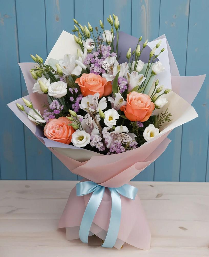 Букет цветов из: Лизиантусы, Розы, Альстромерии и Гипсофила в Долаково