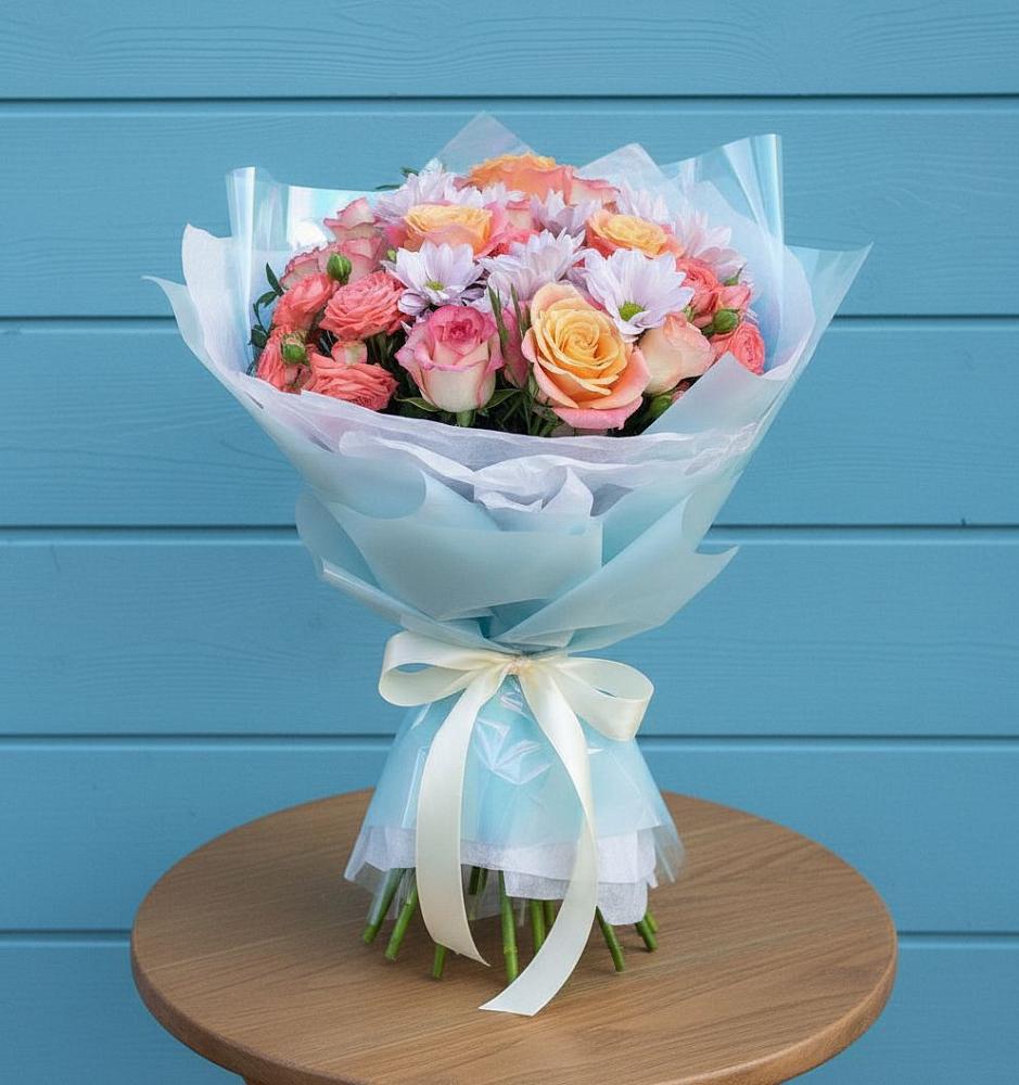 Букет цветов из: Хризантемы и Розы в Долаково