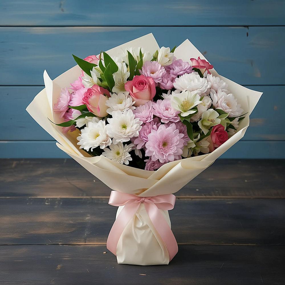 Букет цветов из: Хризантемы, Альстромерии и Розы в Долаково